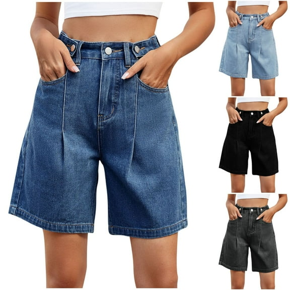 Bovxnpu Summer Plus Size Shorts for Women, Women's Casual Denim Shorts, Women Casual Waist Fashion Solid Pocket Jeans Half Shorts S