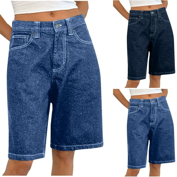 Bovxnpu Summer Plus Size Shorts for Women, Women's Casual Denim Shorts, Women's Solid Color Button Zipper Pockets Half Shorts Jeans L