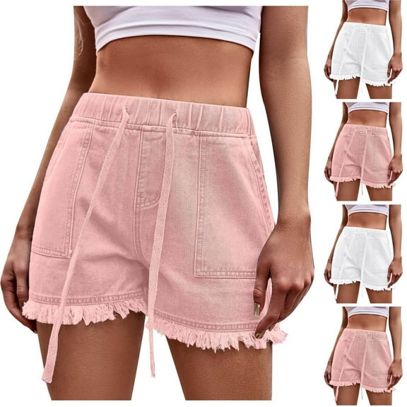 Bovxnpu Summer Plus Size Shorts for Women, Women's Casual Denim Shorts, Womens Summer Solid Color Drawstring Frenulum Leisure Pocket Jeans Denim Pants Casual Shorts XL