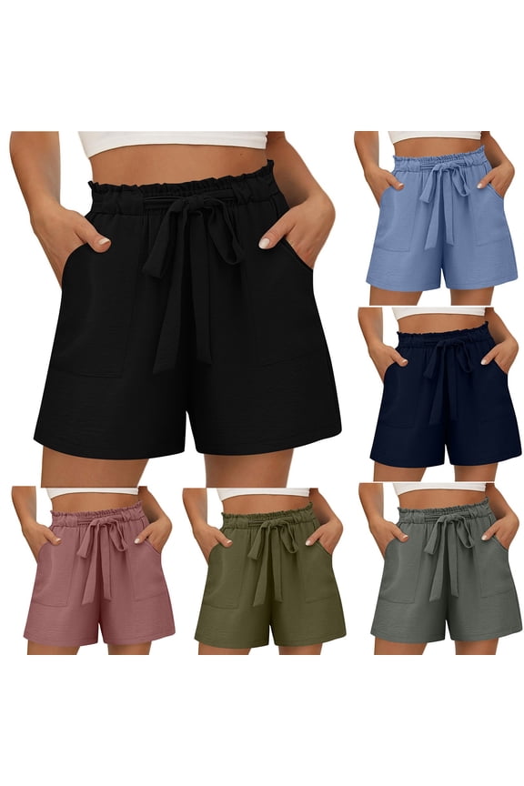 Summer Plus Size Shorts for Women, Women's Casual Wide Leg Shorts, Women Casual Linen Drawstring Elastic Waist Long Wide Leg Pants S