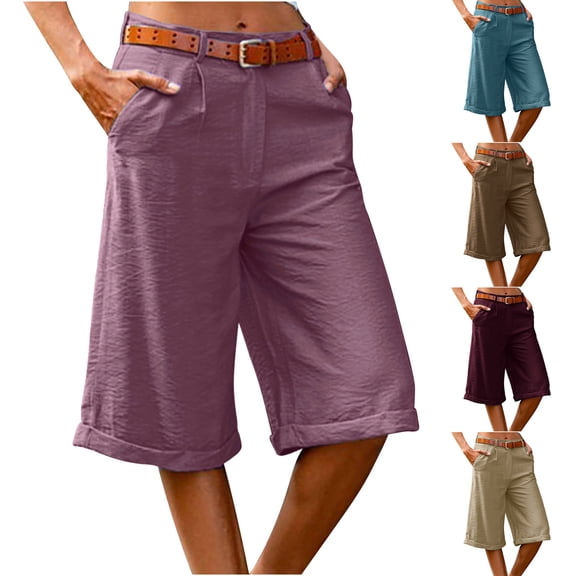 Bovxnpu Summer Plus Size Shorts for Women, Women's Casual Wide Leg Shorts, Women's Solid Color Zipper Button Pocket Elastic Waist Half Shorts Pants L