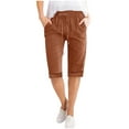 thumbnail image 1 of Bovxnpu Summer Plus Size Shorts for Women, Womens Casual Shorts, Women Solid Color High Waisted Elastic Drawstring With Pocket Cotton And Linen Five Quarter Pants M, 1 of 5