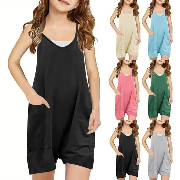 Bovxnpu Summer Toddler Boys Girls Shorts, Kids Casual Shorts, Girls Sleeveless Casual Romper Spaghetti Strap Shorts Jumpsuit With Pockets 11-12 Years