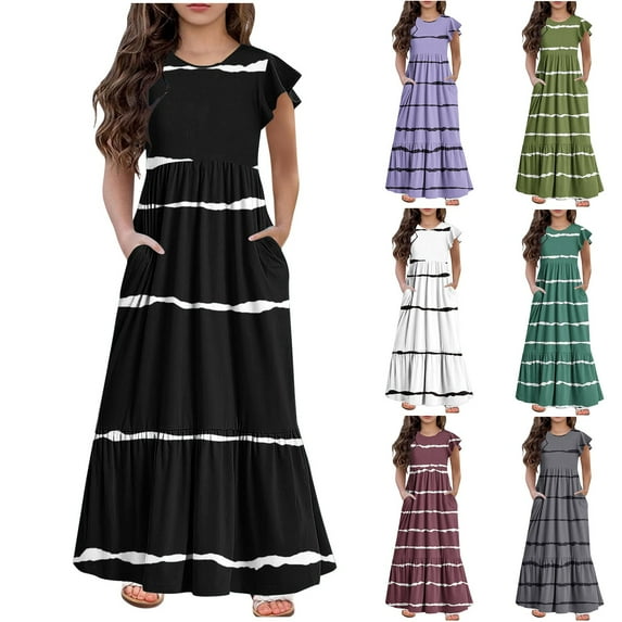 Bovxnpu Summer Toddler Girls Dresses, Kids Casual Dresses, Fashion Girls Summer New Short Sleeves Round Neck Solid Color Dress 8 Years