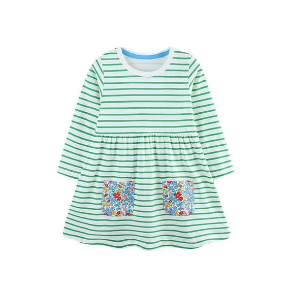 Bovxnpu Summer Toddler Girls Dresses, Kids Casual Dresses, Girls' Striped Floral Round Neck Long Sleeved Versatile Dress Casual Loose Dress 2 Years