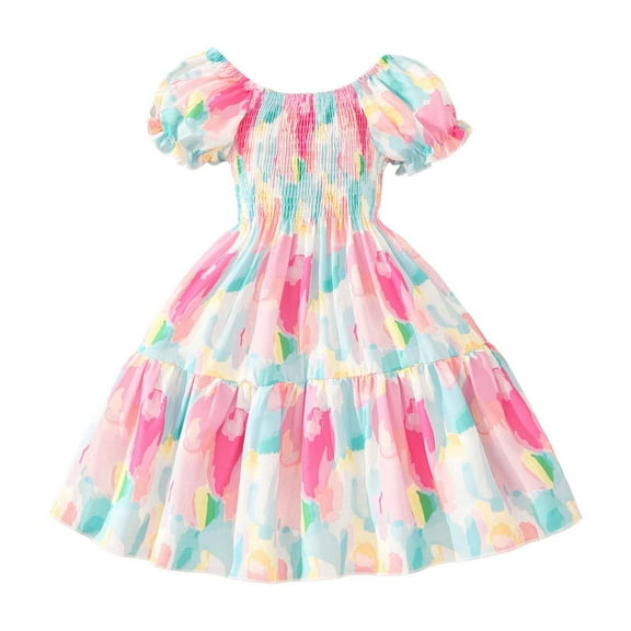 Bovxnpu Summer Toddler Girls Dresses, Kids Casual Dresses, Small And Medium-sized Girls' Short-sleeved Printed Skirt With Fresh Style 7 Years