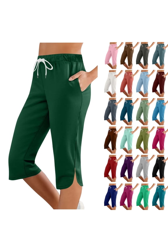 Summer Womens Plus Size Pants, Casual Capris Pants for Women, Women Solid Color Elastic Waist Sports Casual Capris Pants With Side Pockets XXL