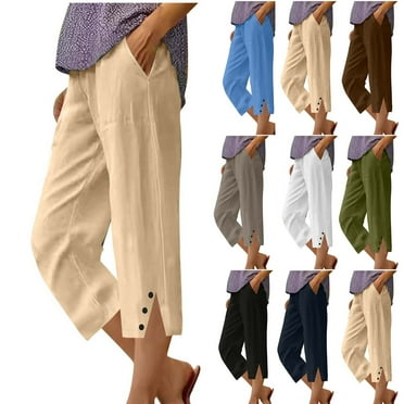 Bovxnpu Summer Womens Plus Size Pants, Casual Capris Pants for Women, Women's Summer And Linen Solid Color Pockets Elastic Waist Capris Shorts Pants S