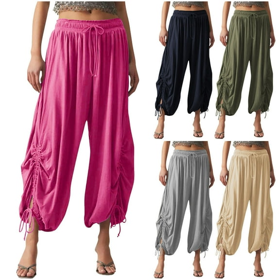 Bovxnpu Summer Womens Plus Size Pants, Women Casual Wide Leg Jeans, Solid Color Drawstring Loose Straight Leg Pants With Pockets Cropped Pants M
