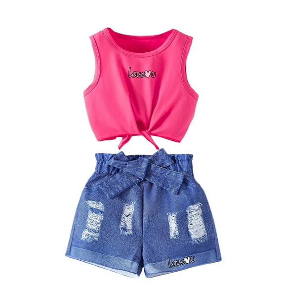 Bovxnpu Toddler Girl Clothes, Girls 2 Piece Outfits Sets, Children's Fashion Printed Sleeveless Jeans Outdoor Sports Suit Suitable for 1-8 Years Old Pink 7 Years