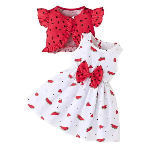 Bovxnpu Toddler Girl Clothes, Kid Sleeveless Dress and Short Sleeve Ruffled Cardigan Outfits Set, Baby Girl Cute Heart Coat + Small Floral Dress Casual Suit 18 Months