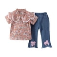 thumbnail image 1 of Bovxnpu Toddler Girls Clothes, Short Sleeve Shirt Top Flare Denim Jeans, Little Flower Print Casual Shirt Set Short Short Sleeve And Jeans Lapel Sets 3-4 Years, 1 of 5