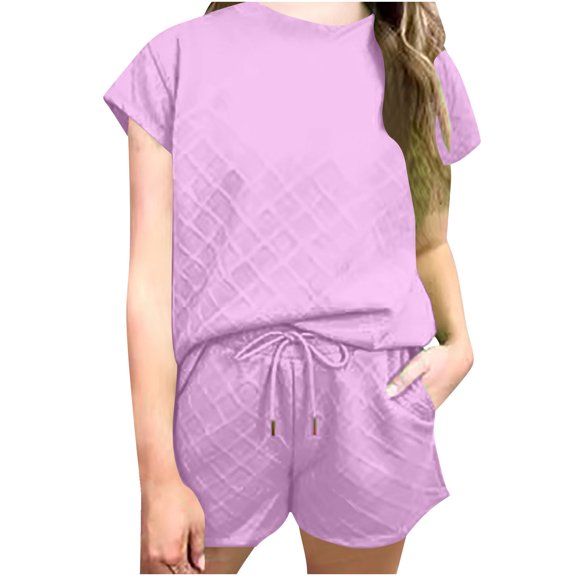 Bovxnpu Two Piece Sets for Women, Summer Outfits for Women, Summer Womens Round Neck Short Sleeve Top Textured Fabric Fashion Shorts Set Purple XL