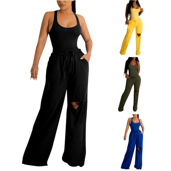 Bovxnpu Women Athletic Outfits, 2 Piece Workout Sets, Women's Casual Loose Sports Drawstring Sleeveless With Guard Pants Set L