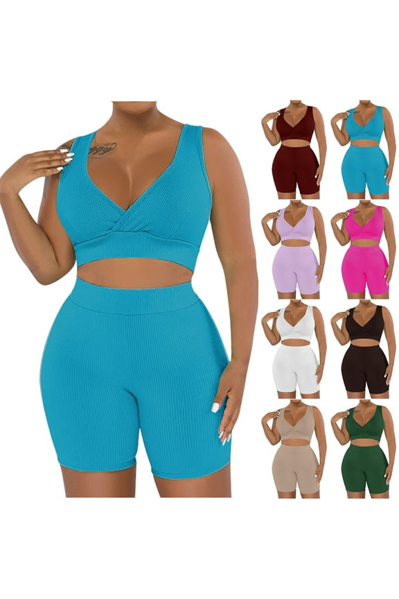 Women Athletic Outfits, 2 Piece Workout Sets, Women's Fashion Two-piece Solid Color V-Neck Tank Top And Short Sports Casual Suit M