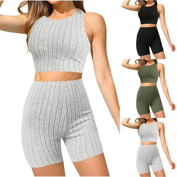Bovxnpu Women Athletic Outfits, 2 Piece Workout Sets, Women's Piece Outfits Rib Knit Round Neck Sleeveless Crop Tank Top And High Waist Biker Shorts Set L