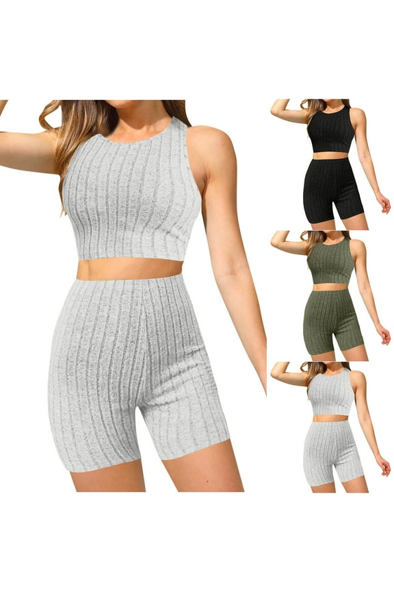 Women Athletic Outfits, 2 Piece Workout Sets, Women's Piece Outfits Rib Knit Round Neck Sleeveless Crop Tank Top And High Waist Biker Shorts Set XXL