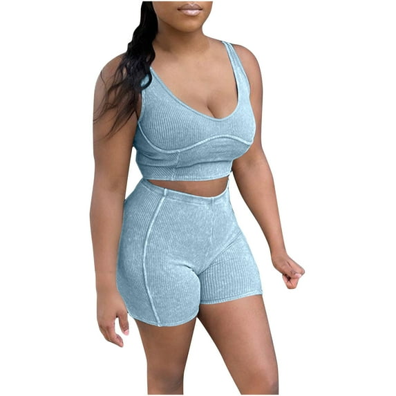 Bovxnpu Women Athletic Outfits, 2 Piece Workout Sets, Women's Ribbed Suspender High Waist And Hip Lifting Shorts Casual Sports Set XL