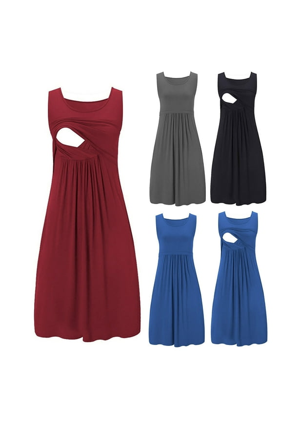 Women's Maternity Dress, Pregnancy Clothes Summer, Fashion Solid Breast-Feeding Pregnant Patchwork Woman Nursing Dress Sleeveless Round-Neck S
