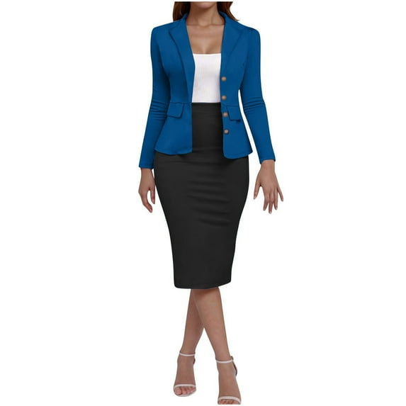 Bovxnpu Women's Two Piece Outfits, Business Casual Suit Sets Work Clothes, Woman Spring Summer Solid Casual Round Neck Long Sleeve Dress Solid Two-Piece Set L