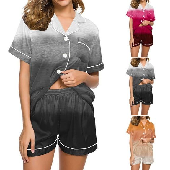 Bovxnpu Womens Plus Size Pajama Sets, 2 Piece Loungewear For Women, Women Casual Turndown Collar Short Sleeve Blouse Fashion Short Pants Pajamas Suit S