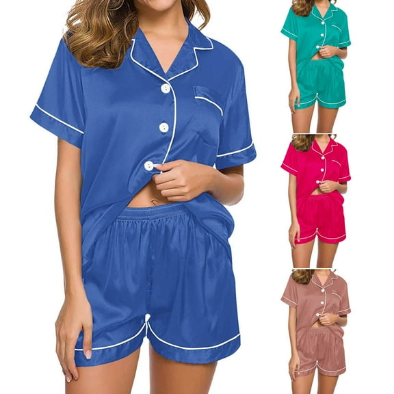 Bovxnpu Womens Plus Size Pajama Sets, 2 Piece Loungewear For Women, Women Casual Turndown Collar Solid Short Sleeve Blouse Fashion Short Pants Pajamas Suit L