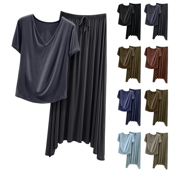 Bovxnpu Womens Plus Size Pajama Sets, 2 Piece Loungewear For Women, Women Fashion Casual V-neck Short-sleeved Skirt Loose And Slim Casual Two-piece Suit M