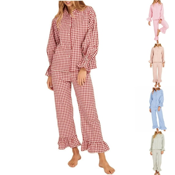 Bovxnpu Womens Plus Size Pajama Sets, 2 Piece Loungewear For Women, Women Fashion Leisure Color Blocked Flare Sleeve Cardigan Lapel Pajama Sets L