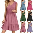 thumbnail image 1 of Bovxnpu Womens Summer Dress, Sleeveless V Neck Mini Dresses Fashion Casual Flowy Boho Ruffle A Line Sundress, Women Loose Solid Color High Waisted Mini Dress L, 1 of 7