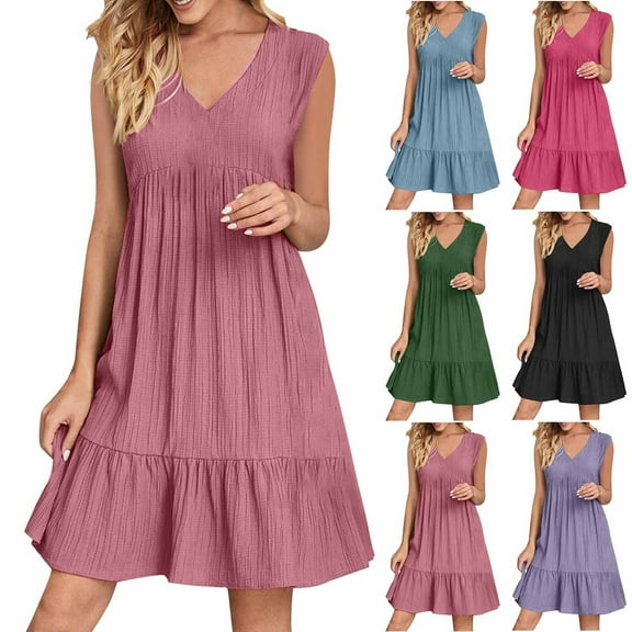 Bovxnpu Womens Summer Dress, Sleeveless V Neck Mini Dresses Fashion Casual Flowy Boho Ruffle A Line Sundress, Women Loose Solid Color High Waisted Mini Dress XL