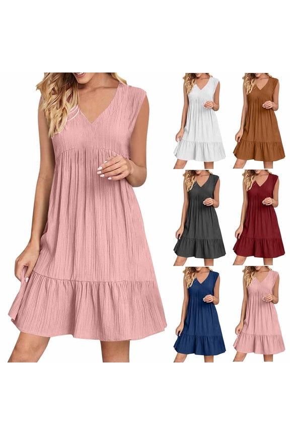 Womens Summer Dress, Sleeveless V Neck Mini Dresses Fashion Casual Flowy Boho Ruffle A Line Sundress, Women Loose Solid Color High Waisted Mini Dress XL