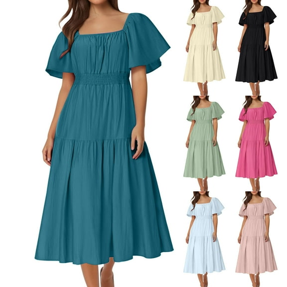 Bovxnpu Womens Summer Dress, Women's Casual Maxi Dresses Boho Beach Dress, Fashion Women Summer Casual Square Neck Short Sleeve Solid Dress S