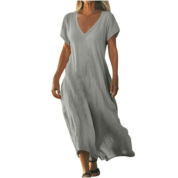 Bovxnpu Womens Summer Dress, Women's Casual Maxi Dresses Boho Beach Dress, Women's Solid Color Cotton Linen Short Sleeved V-neck Dress Skirt XL