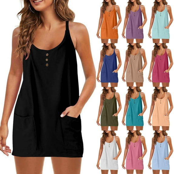 Bovxnpu Womens Summer Dress, Women's Casual Sundress Flowy A-Line Dresses Mini Dress, Fashion Women's Fashion V-Neck Sleeveless Solid Pockets Button Pullover Dress XXL