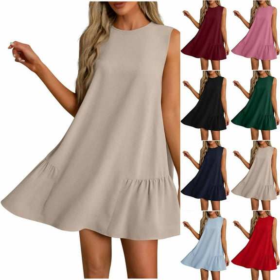 Bovxnpu Womens Summer Dress, Women's Casual Sundress Flowy A-Line Dresses Mini Dress, Solid Color Round Neck Sleeveless With Button Down Hem And Pleated Dress S