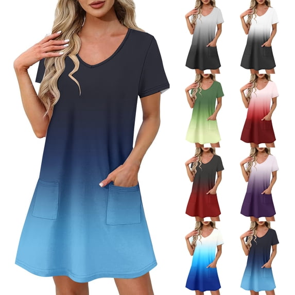 Bovxnpu Womens Summer Dress, Women's Casual Sundress Flowy A-Line Dresses Mini Dress, Women's Fashion Summer Gradient Short-sleeved V-neck Casual Dress S