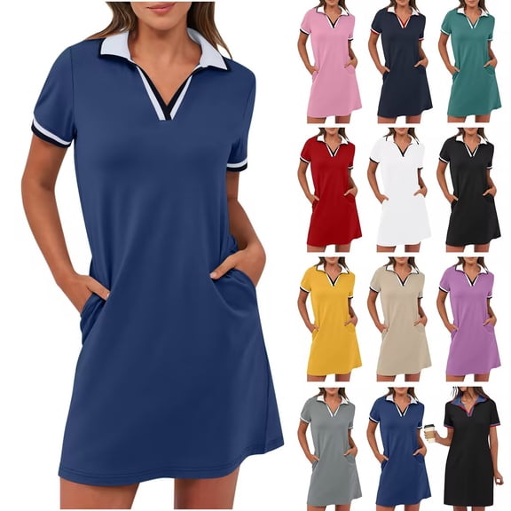 Bovxnpu Womens Summer Dress, Women's Plus Size Casual T Shirt Dress, Solid Color Short Sleeve V Neck Casual Summer Tennis Golf Mini Shirt Dress With Pockets XL