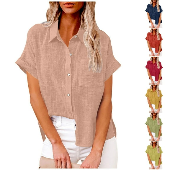 Bovxnpu Womens Summer Tops, Casual Blouses for Women, Womens Color Button Shirts V Neck Loose Blouse Short Sleeve Casual Work Tunic With Pocket L