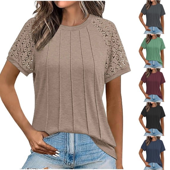 Bovxnpu Womens Summer Tops, Plus Size Casual T Shirt, Ladies' Casual Loose Solid Color Round Neck Lace Patchwork Short Sleeved Top With Pleats On The Chest XL