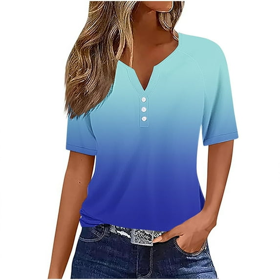 Bovxnpu Womens Summer Tops, Plus Size Casual T Shirt, Women's Casual Gradient Short-sleeved V-Neck Top Blouse L