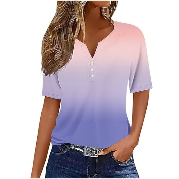Bovxnpu Womens Summer Tops, Plus Size Casual T Shirt, Women's Casual Gradient Short-sleeved V-Neck Top Blouse XXL