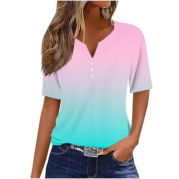 Bovxnpu Womens Summer Tops, Plus Size Casual T Shirt, Women's Casual Gradient Short-sleeved V-Neck Top Blouse XXXL
