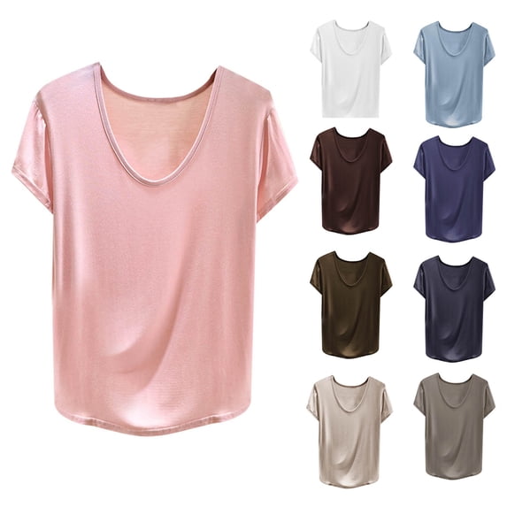 Bovxnpu Womens Summer Tops, Plus Size Casual T Shirt, Women's Casual Solid Color Short Sleeve Round-Neck Slit T-shirt Home Bottom Blouse L