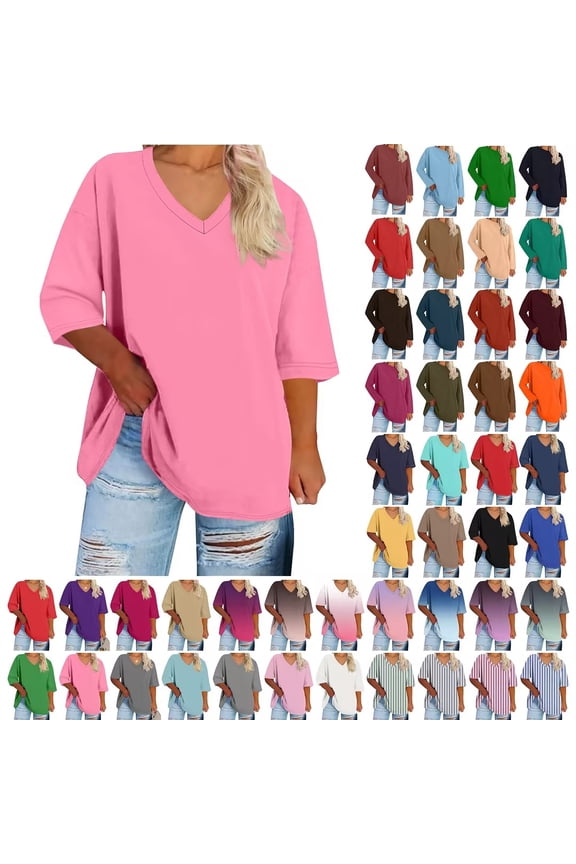 Womens Summer Tops, Plus Size Casual T Shirt, Women's Oversized V-neck Short Sleeved Solid Summer Base Shirt Sports T-shirt XXXL