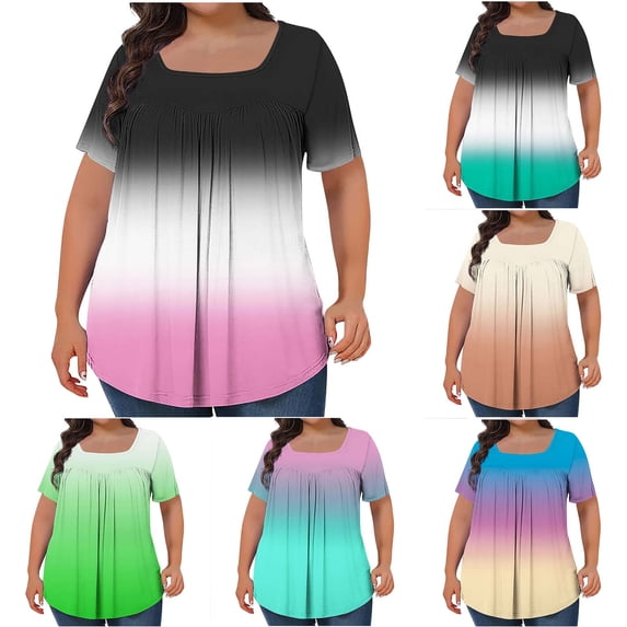 Bovxnpu Womens Summer Tops, Plus Size Casual T Shirt, Women's Printed Oversized Neck Pleated Short Sleeved Loose Top L-5xl XL
