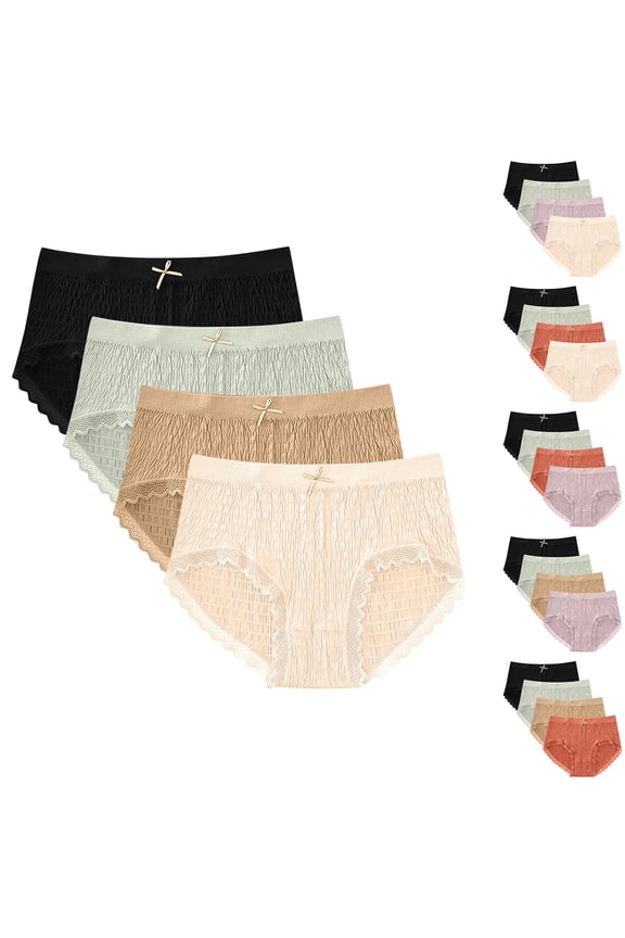 Womens Underwear Plus Size Panties, 4PC Women's Breathable Cotton Brief, Lace Abdomen Mid-rise Waist And Hip Lift Breathable Underwear Briefs L