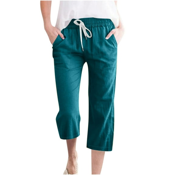 2025! Capris for Women Aofany Women's Plus Size Cotton Linen Solid Pockets Drawstring Capri Pants
