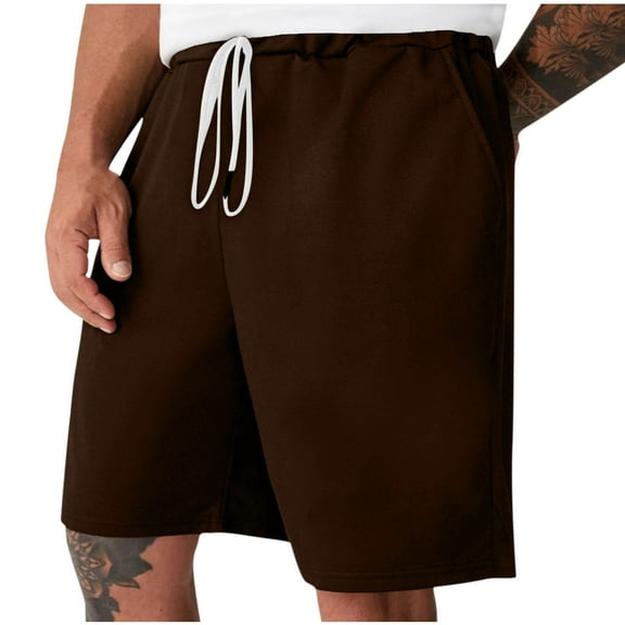Chiccall Mens Summer Casual Shorts Plus Size Solid Elastic Waist Drawstring Loose Breathable Shorts Brown