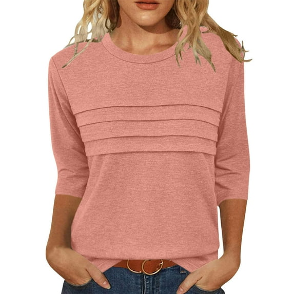 Summer 2025 3/4 Length Sleeve Womens Tops Crew Neck Pullover Tshirt Pleated Blouse Shirt Basic Solid Color Tees Summer Top
