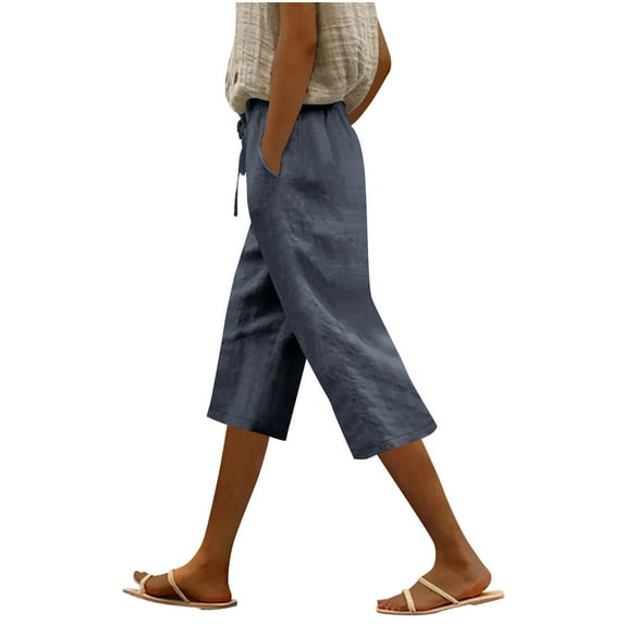 Fmbrln Womens Summer Linen Capri Pants Fashion Casual Drawstring Elastic Waist Work Pants Vacation Beach Travel Trousers with Pockets